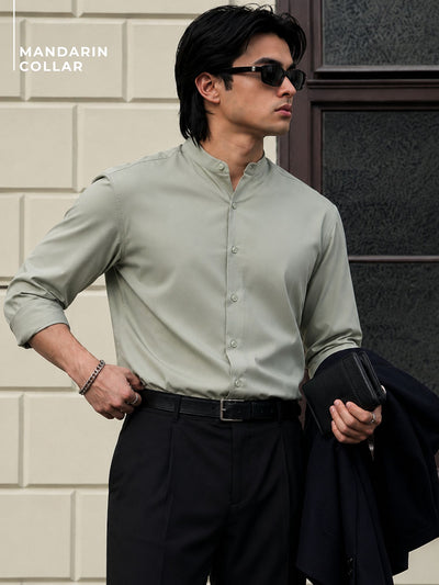 Dusty Green Mandarin Collar Formal Cotton Shirt