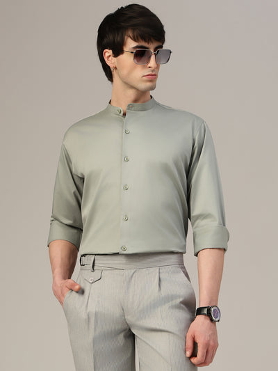 Dusty Green Mandarin Collar Formal Cotton Shirt