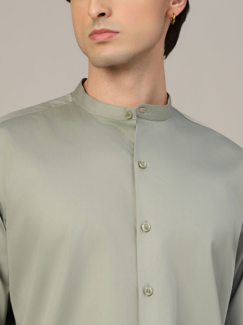 Dusty Green Mandarin Collar Formal Cotton Shirt