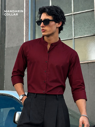 Wine Mandarin Collar Formal Cotton Shirt