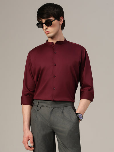 Wine Mandarin Collar Formal Cotton Shirt