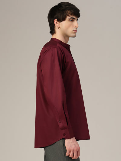 Wine Mandarin Collar Formal Cotton Shirt