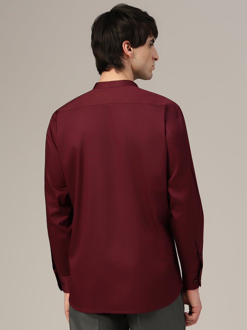 Wine Mandarin Collar Formal Cotton Shirt