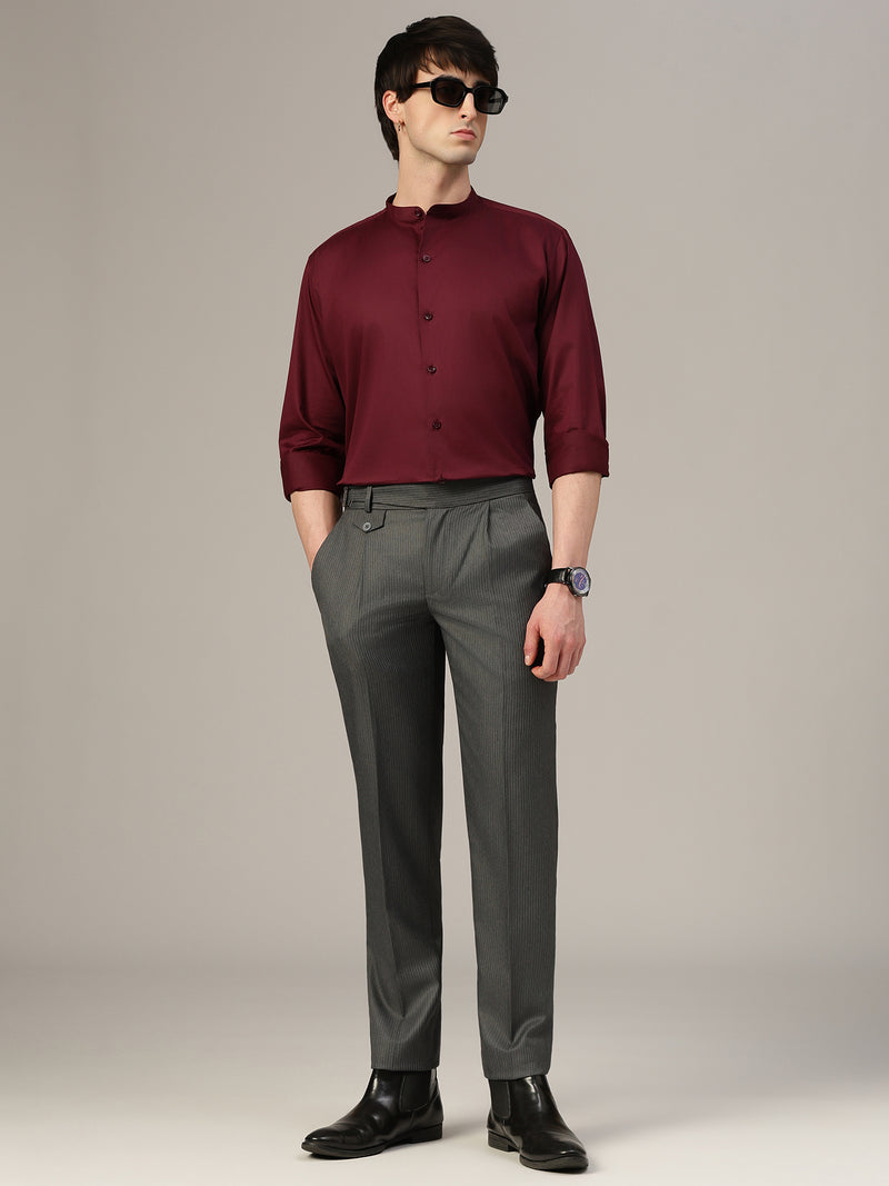 Wine Mandarin Collar Formal Cotton Shirt