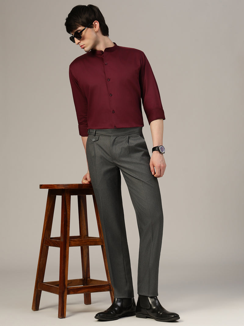 Wine Mandarin Collar Formal Cotton Shirt