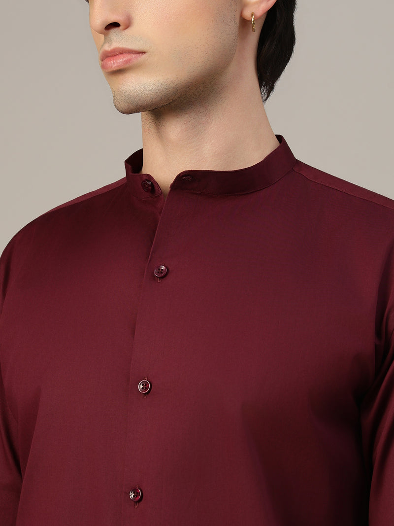 Wine Mandarin Collar Formal Cotton Shirt