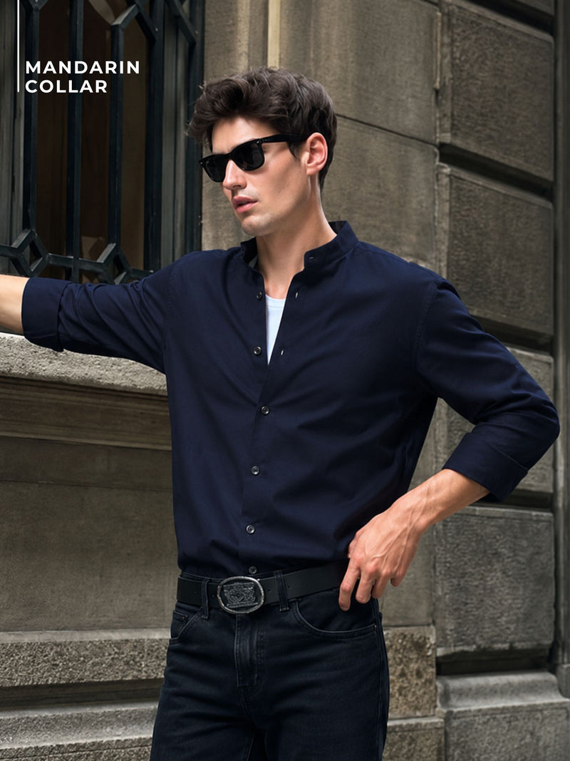 Blue Mandarin Collar Formal Cotton Shirt