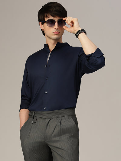 Blue Mandarin Collar Formal Cotton Shirt