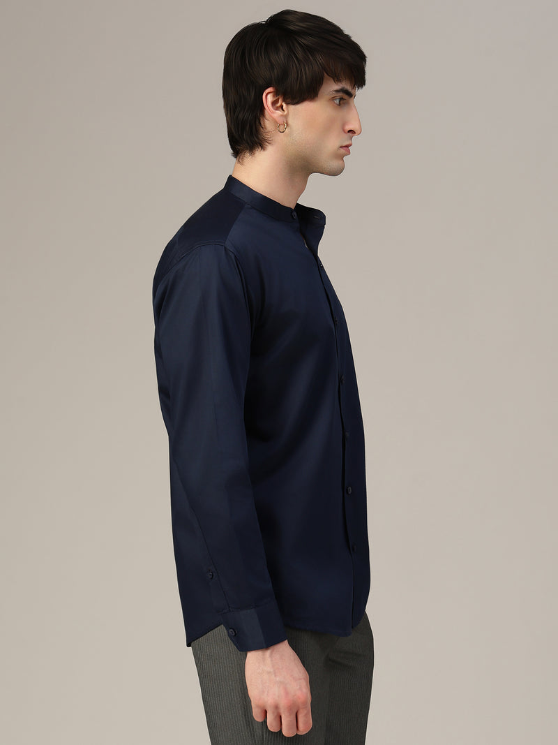 Blue Mandarin Collar Formal Cotton Shirt