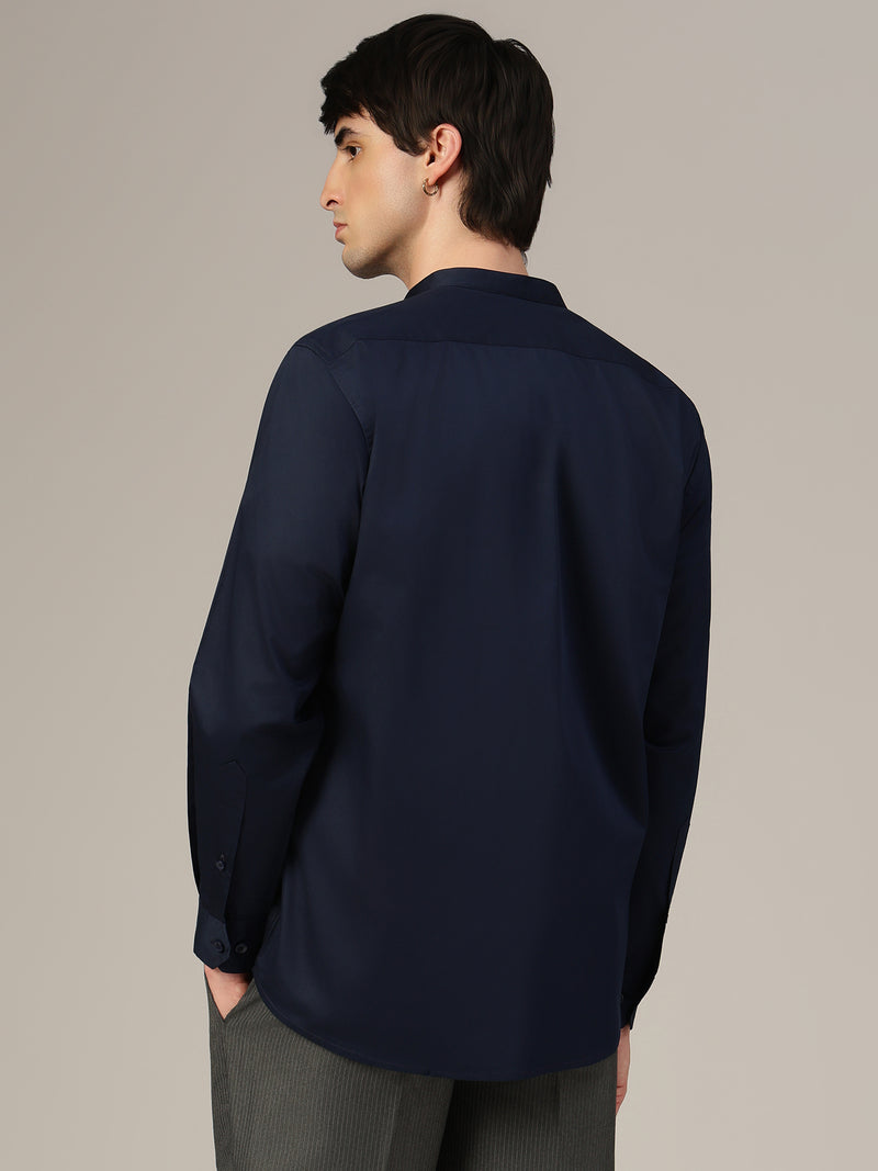 Blue Mandarin Collar Formal Cotton Shirt