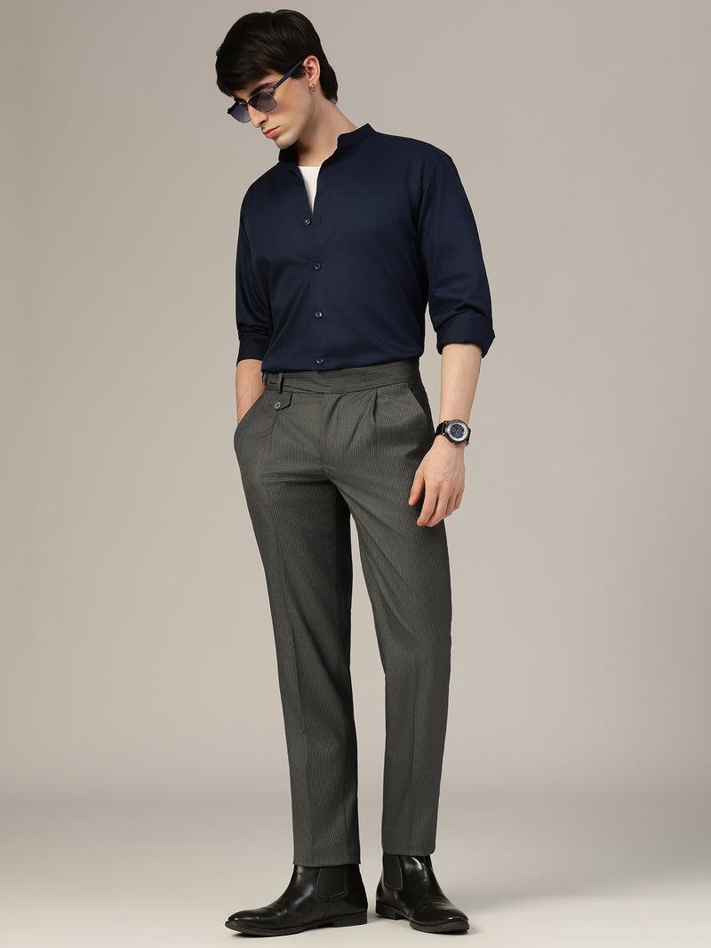 Blue Mandarin Collar Formal Cotton Shirt
