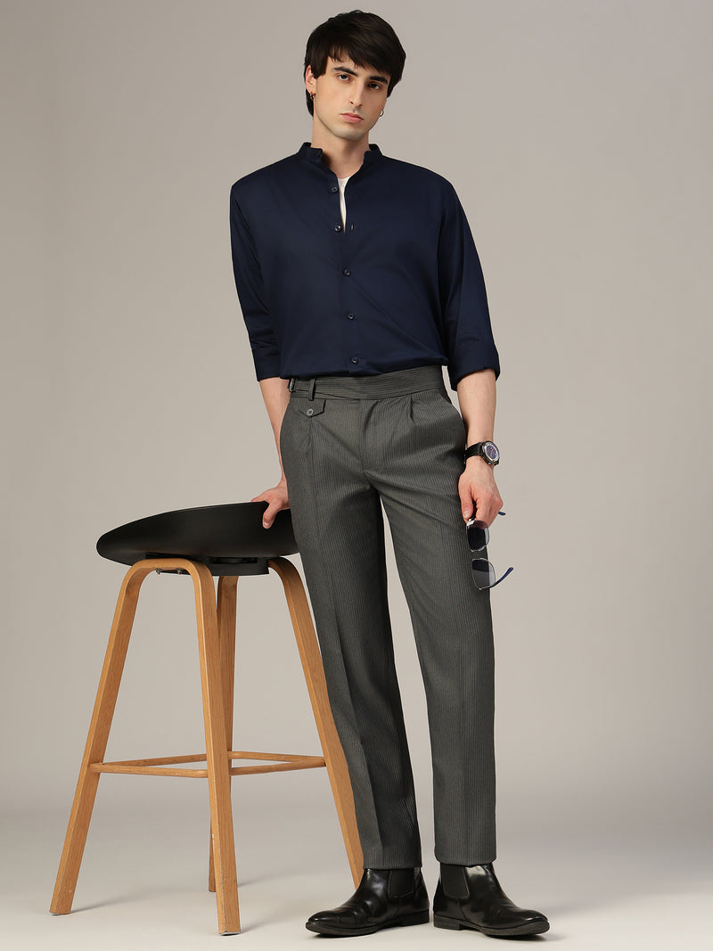 Blue Mandarin Collar Formal Cotton Shirt