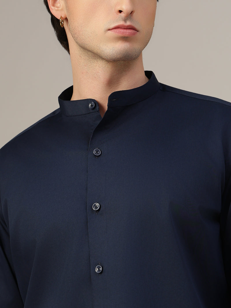 Blue Mandarin Collar Formal Cotton Shirt