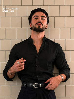 Black Mandarin Collar Formal Cotton Shirt