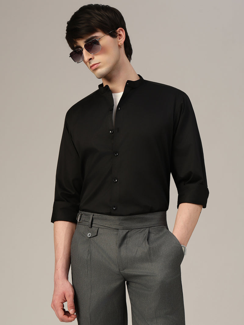 Black Mandarin Collar Formal Cotton Shirt