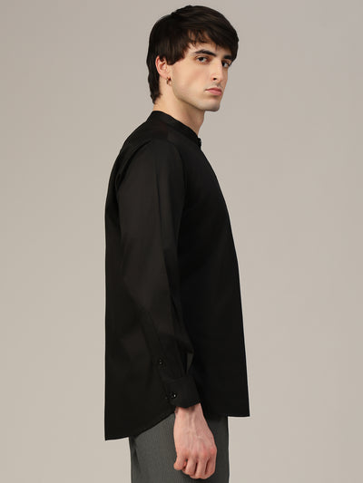 Black Mandarin Collar Formal Cotton Shirt
