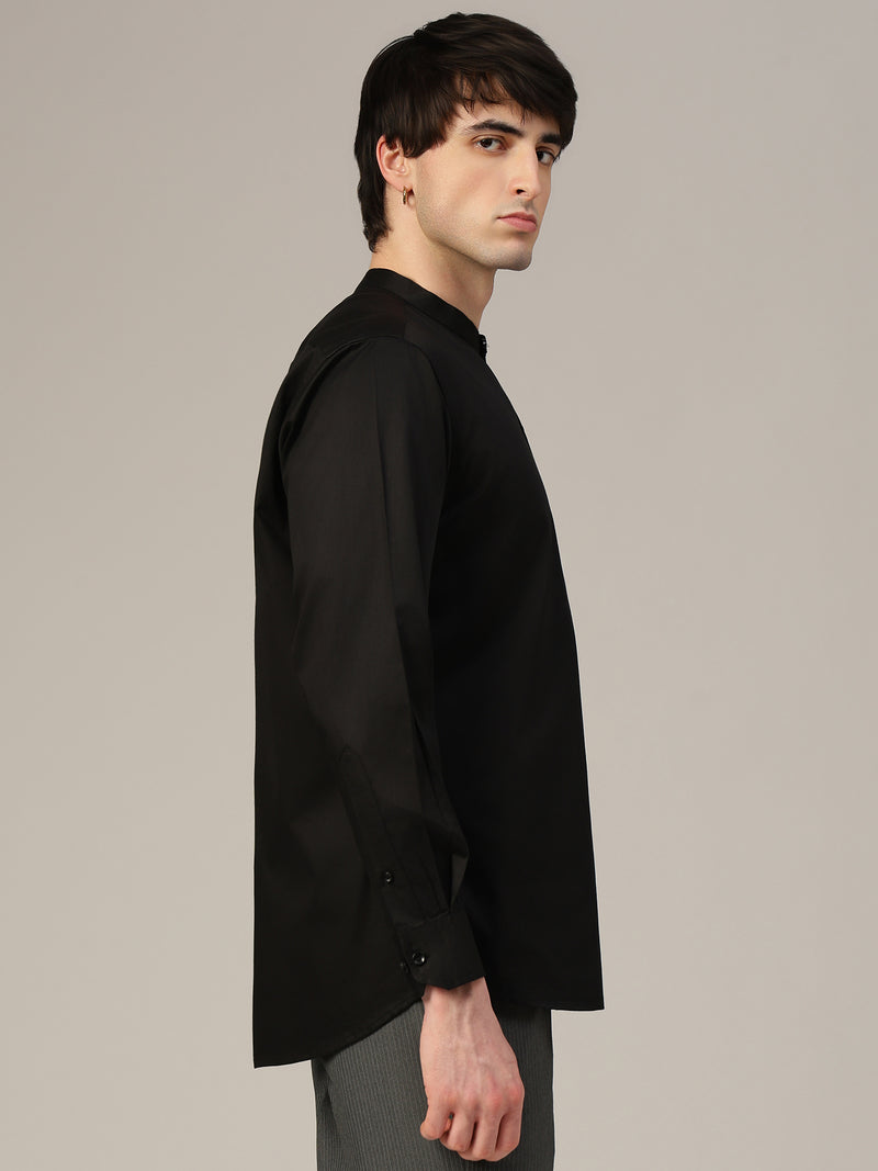 Black Mandarin Collar Formal Cotton Shirt