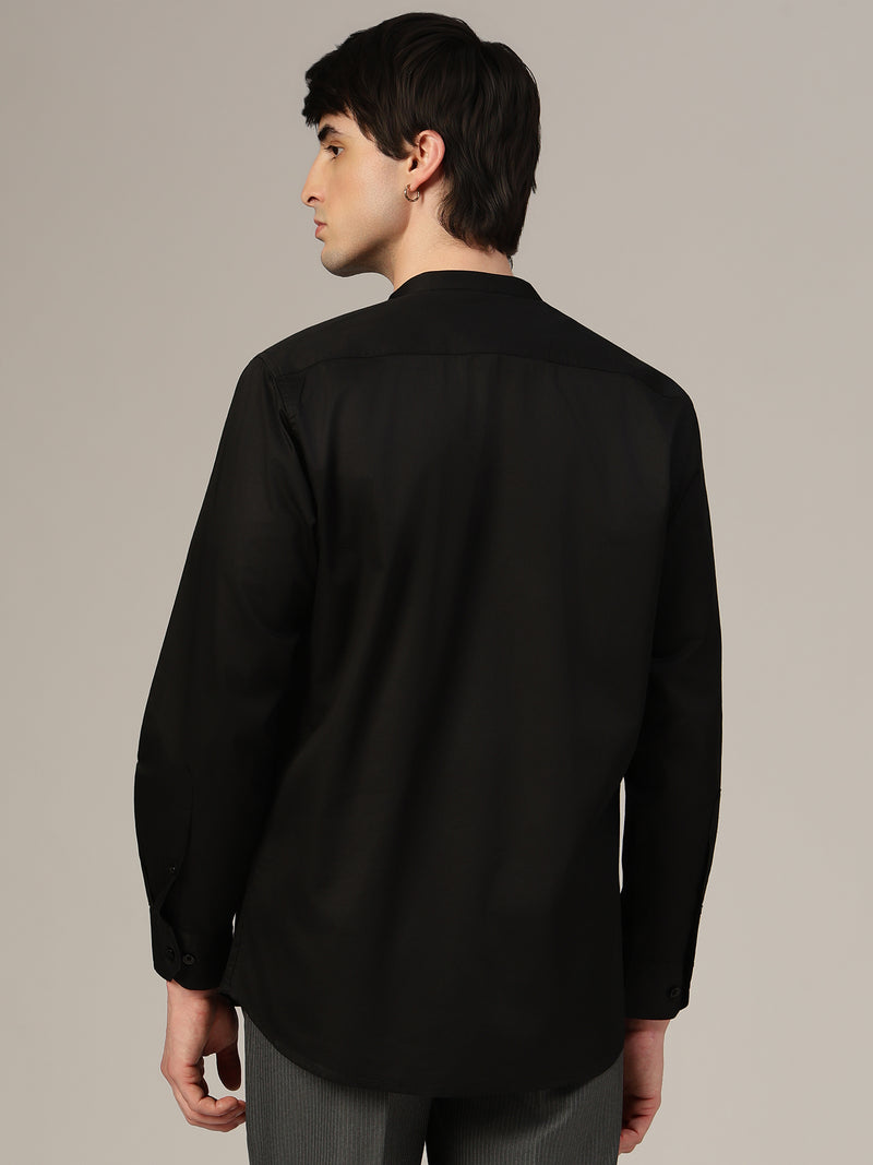 Black Mandarin Collar Formal Cotton Shirt