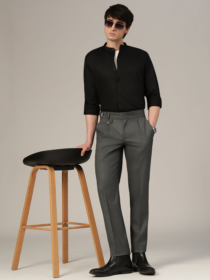 Black Mandarin Collar Formal Cotton Shirt