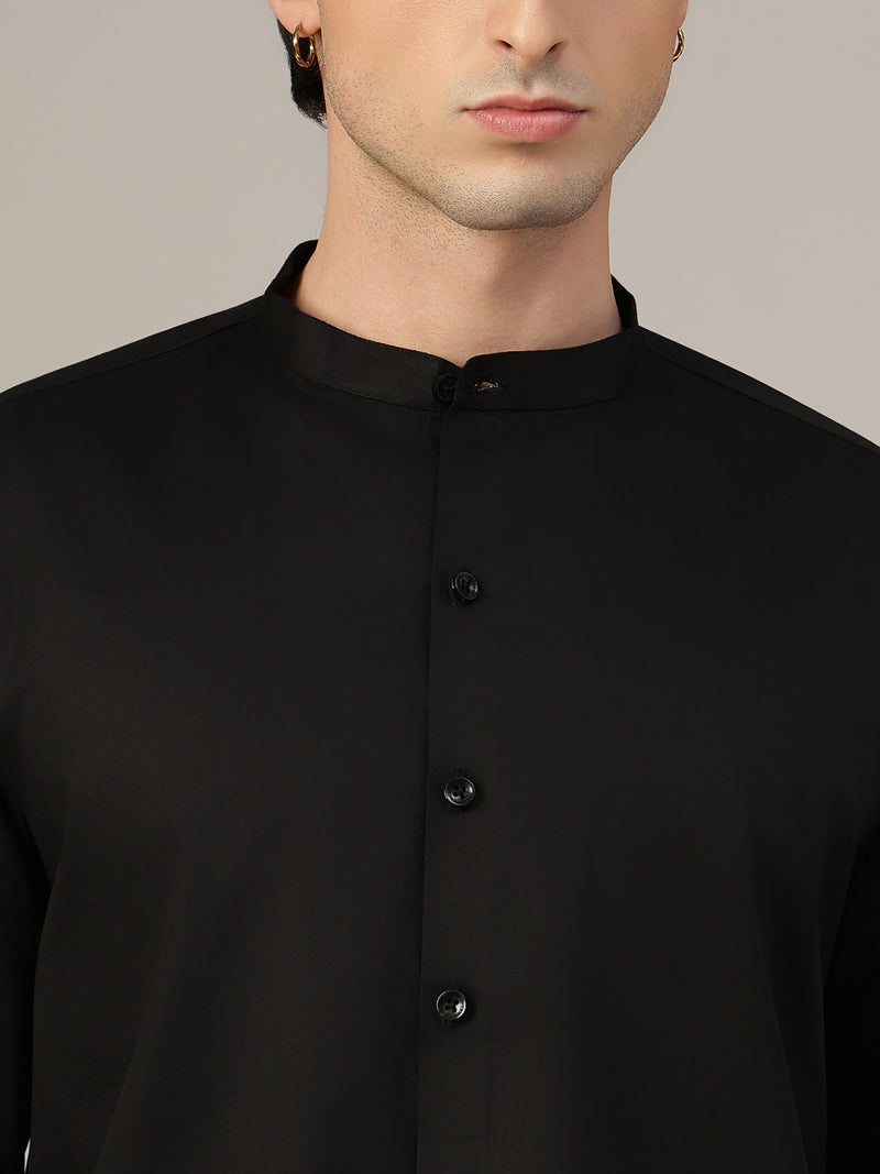 Black Mandarin Collar Formal Cotton Shirt