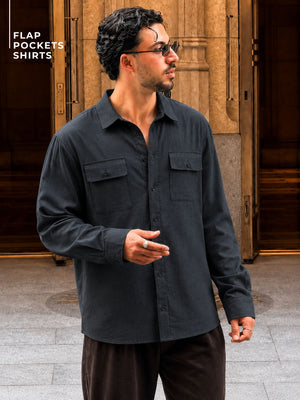 Dark Grey Flap Pockets Relaxed Fit Shirt