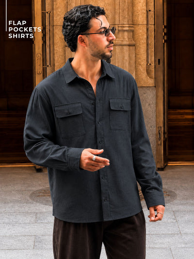 Dark Grey Flap Pockets Relaxed Fit Shirt