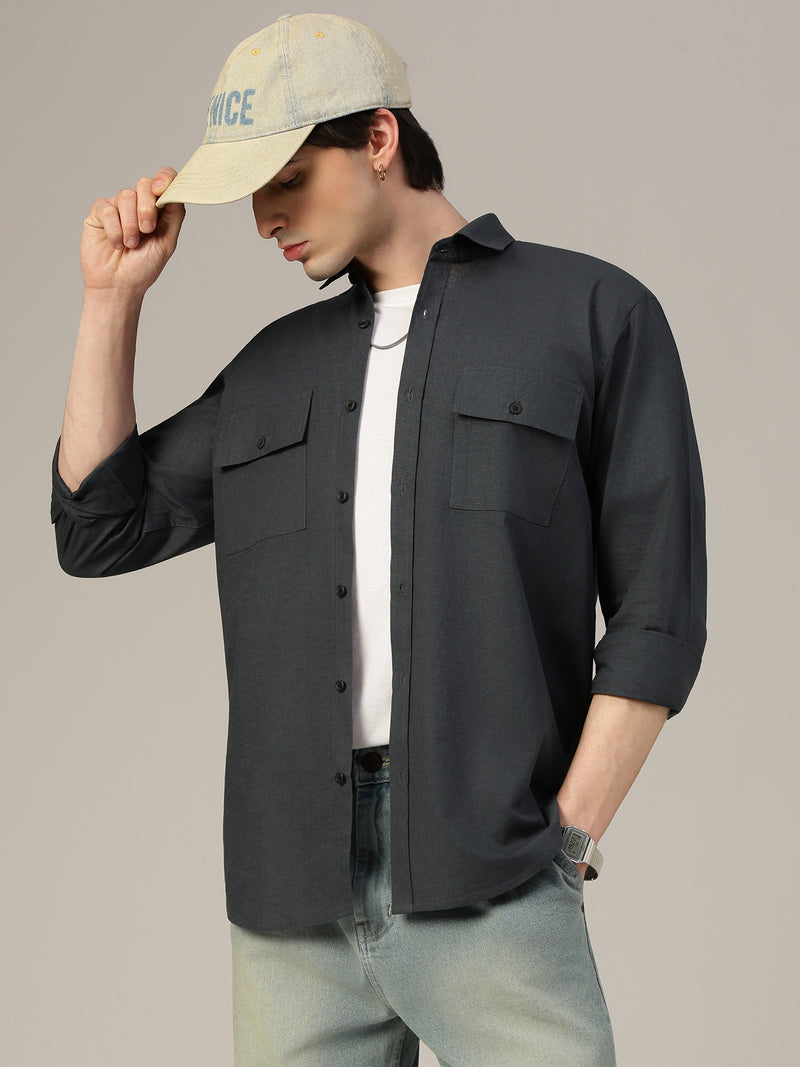 Dark Grey Flap Pockets Relaxed Fit Shirt