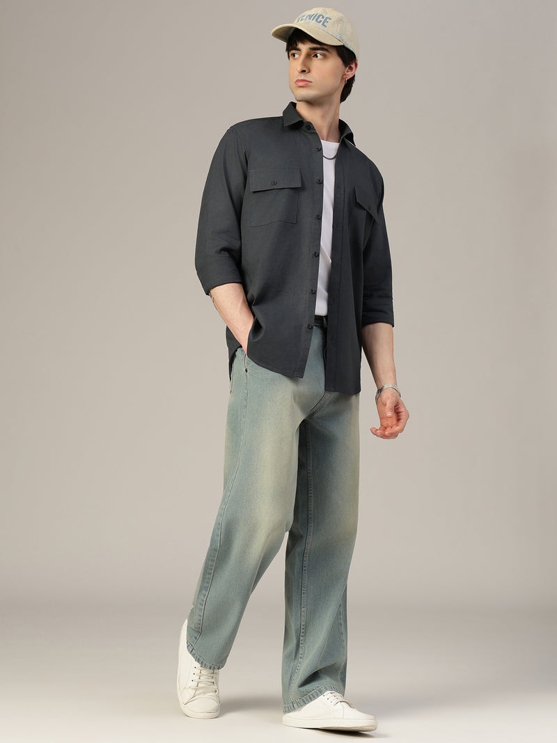 Dark Grey Flap Pockets Relaxed Fit Shirt