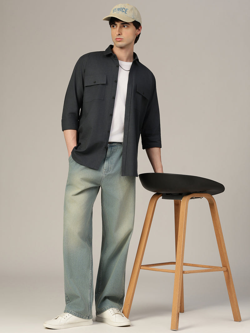 Dark Grey Flap Pockets Relaxed Fit Shirt