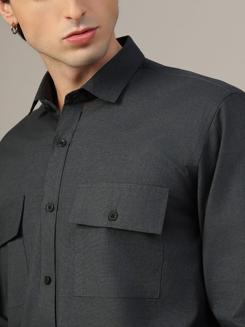 Dark Grey Flap Pockets Relaxed Fit Shirt