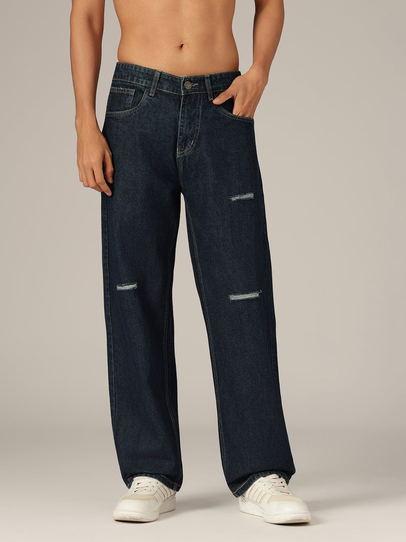 Dark Blue: Baggy Fit Distressed Jeans