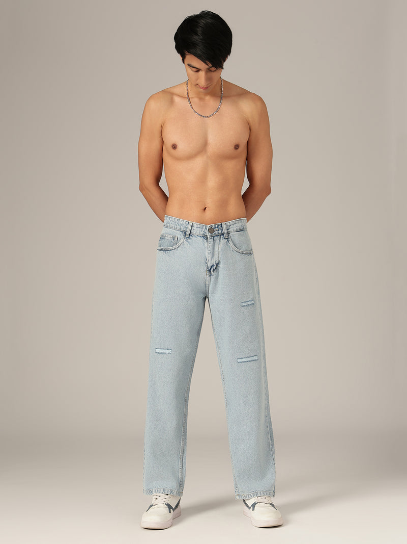Light Blue: Baggy Fit Distressed Light Faded Jeans