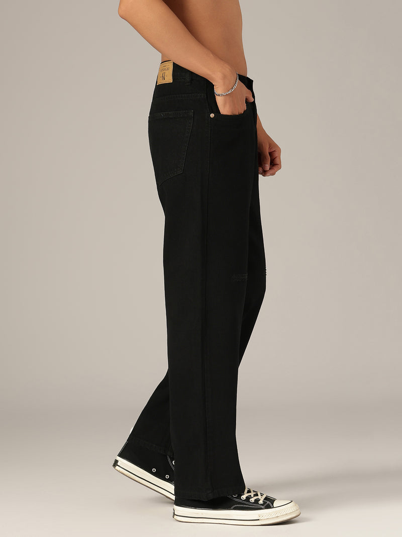Black: Baggy Fit Distressed Jeans