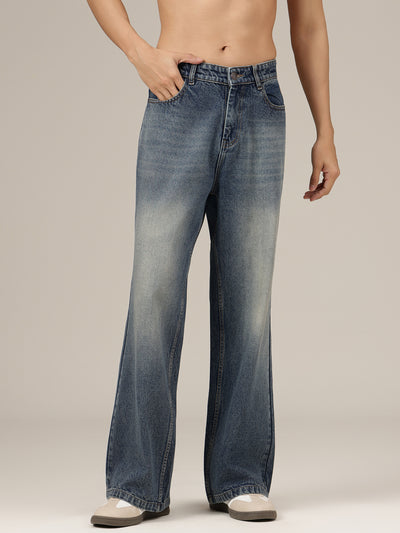Dark Blue Heavy Faded Baggy Fit Wide Leg Jeans