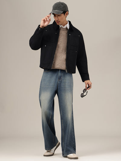 Dark Blue Heavy Faded Baggy Fit Wide Leg Jeans