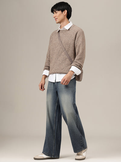 Dark Blue Heavy Faded Baggy Fit Wide Leg Jeans