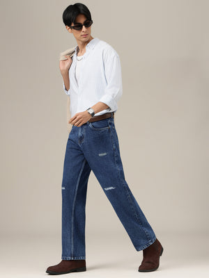 Blue Distressed Light Faded Baggy Fit Jeans