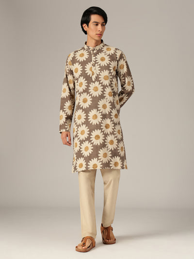 Brown & Off White: Floral Block Printed Mandarin Collar Kurta