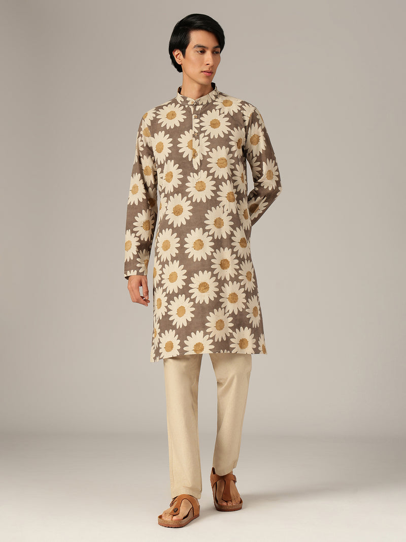 Brown & Off White: Floral Block Printed Mandarin Collar Kurta