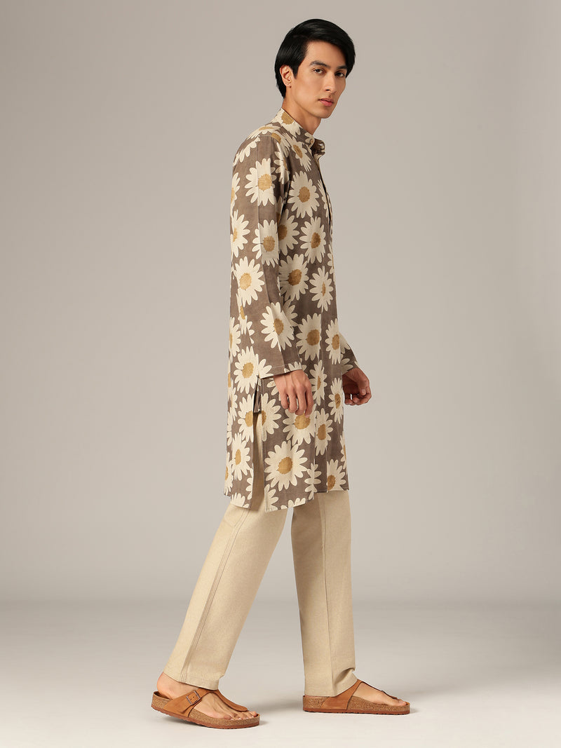 Brown & Off White: Floral Block Printed Mandarin Collar Kurta