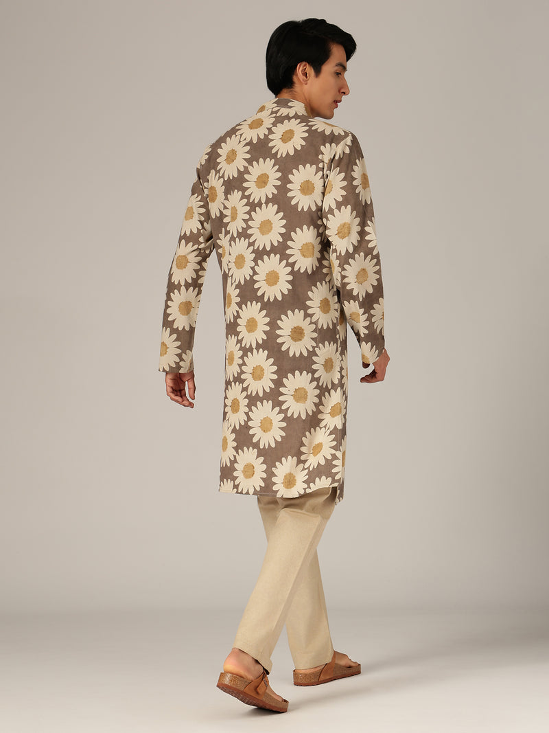 Brown & Off White: Floral Block Printed Mandarin Collar Kurta