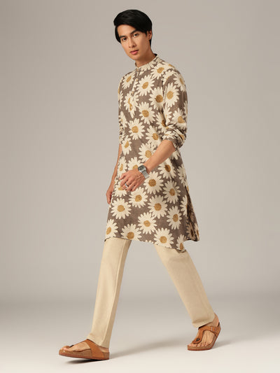 Brown & Off White: Floral Block Printed Mandarin Collar Kurta