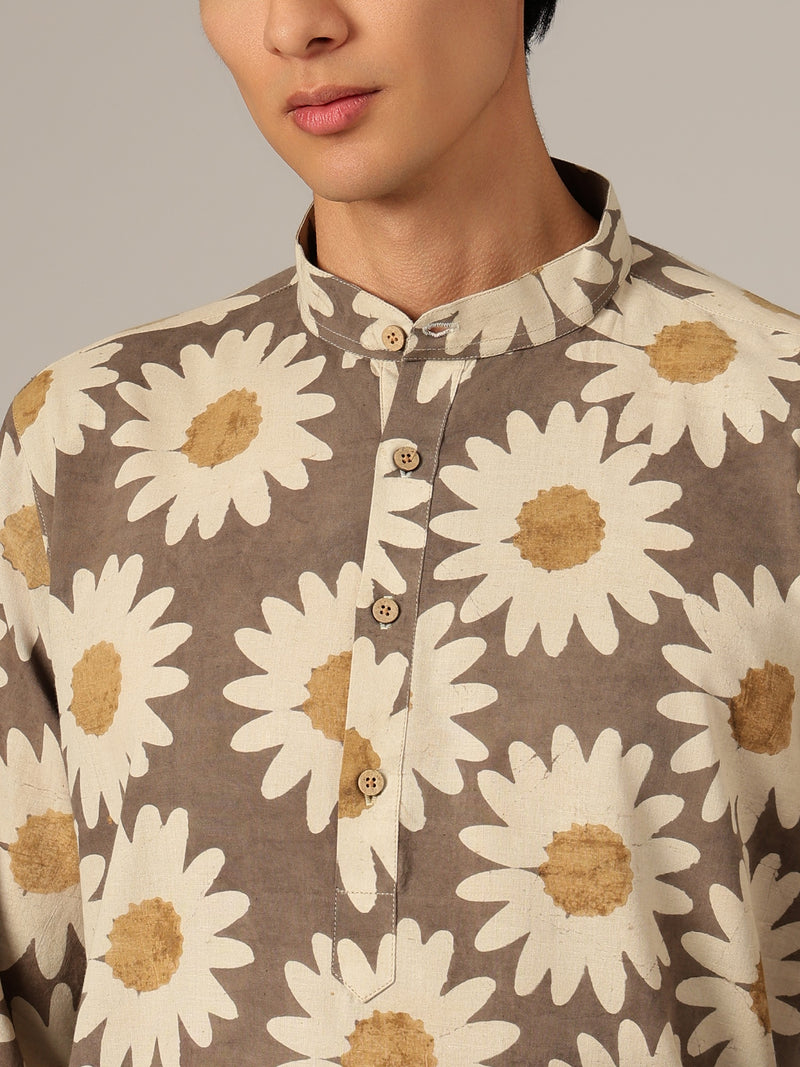 Brown & Off White: Floral Block Printed Mandarin Collar Kurta