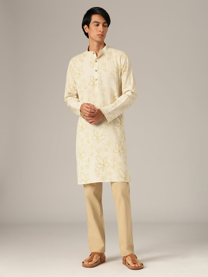 Off White: Floral Printed Mandarin Collar Kurta