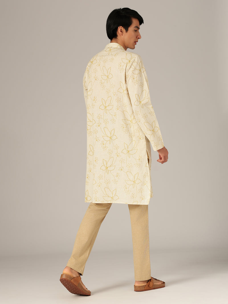 Off White: Floral Printed Mandarin Collar Kurta