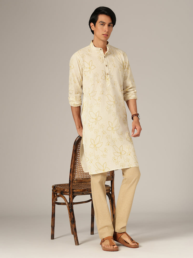Off White: Floral Printed Mandarin Collar Kurta