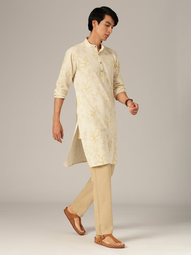 Off White: Floral Printed Mandarin Collar Kurta