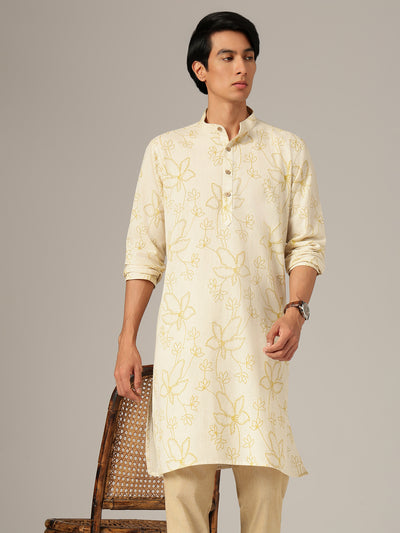 Off White: Floral Printed Mandarin Collar Kurta