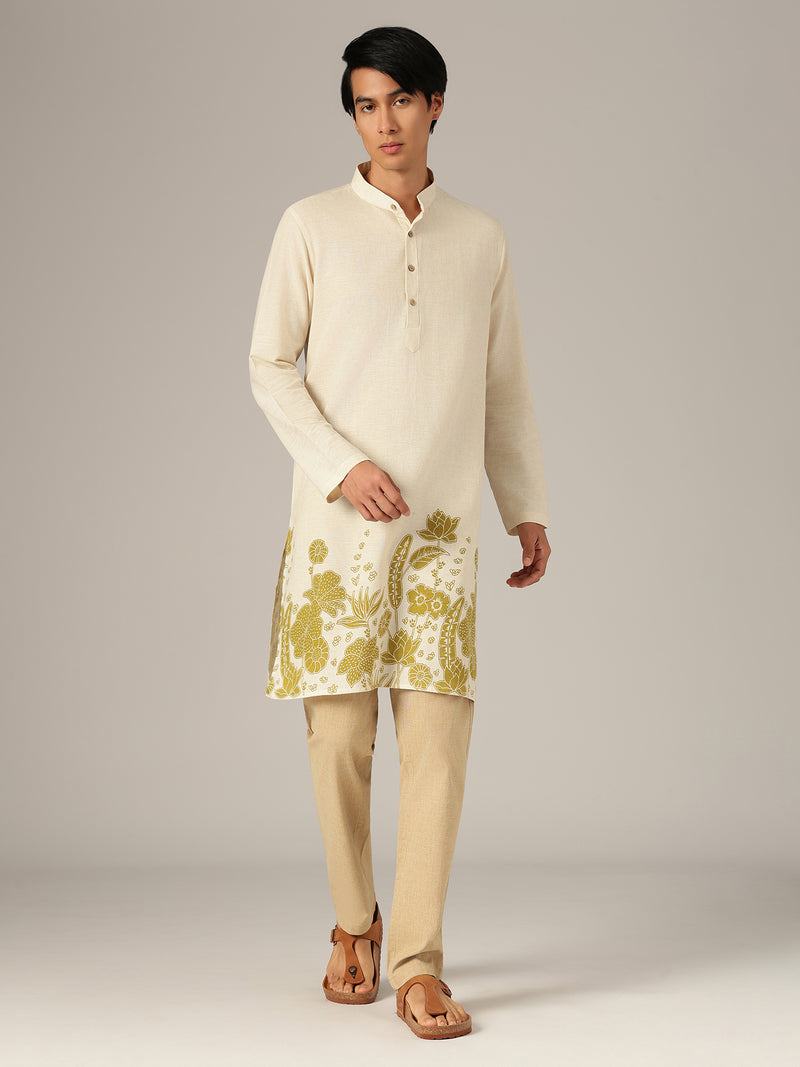 Off White: Floral Printed Full Sleeves Mandarin Collar Kurta