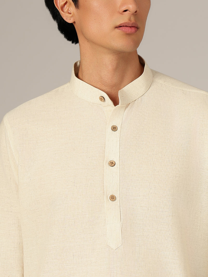 Off White: Floral Printed Full Sleeves Mandarin Collar Kurta
